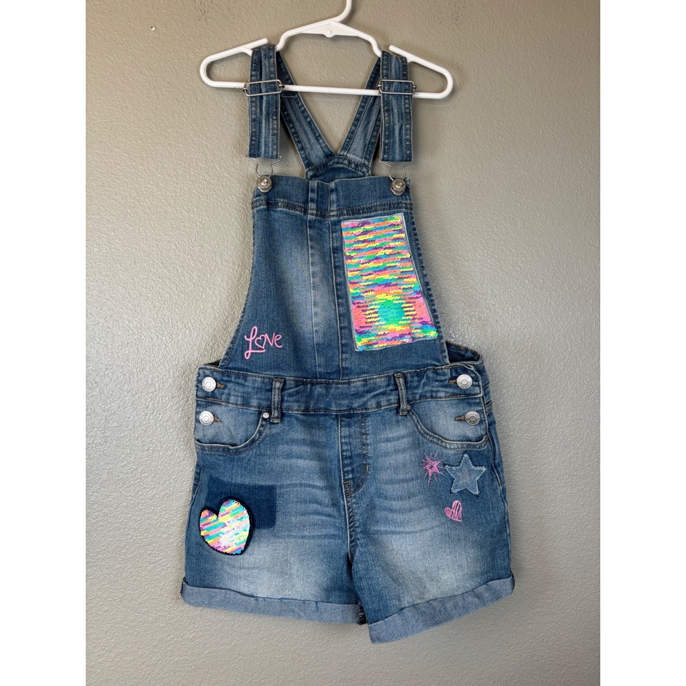 Jordache Girls Denim Shortalls Rainbow Sequin Heart Love Embroidery 10/12 Large‎